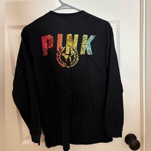 PINK Victoria's Secret Black Long-Sleeve Pocket Tee with Rainbow Sequin Logo
